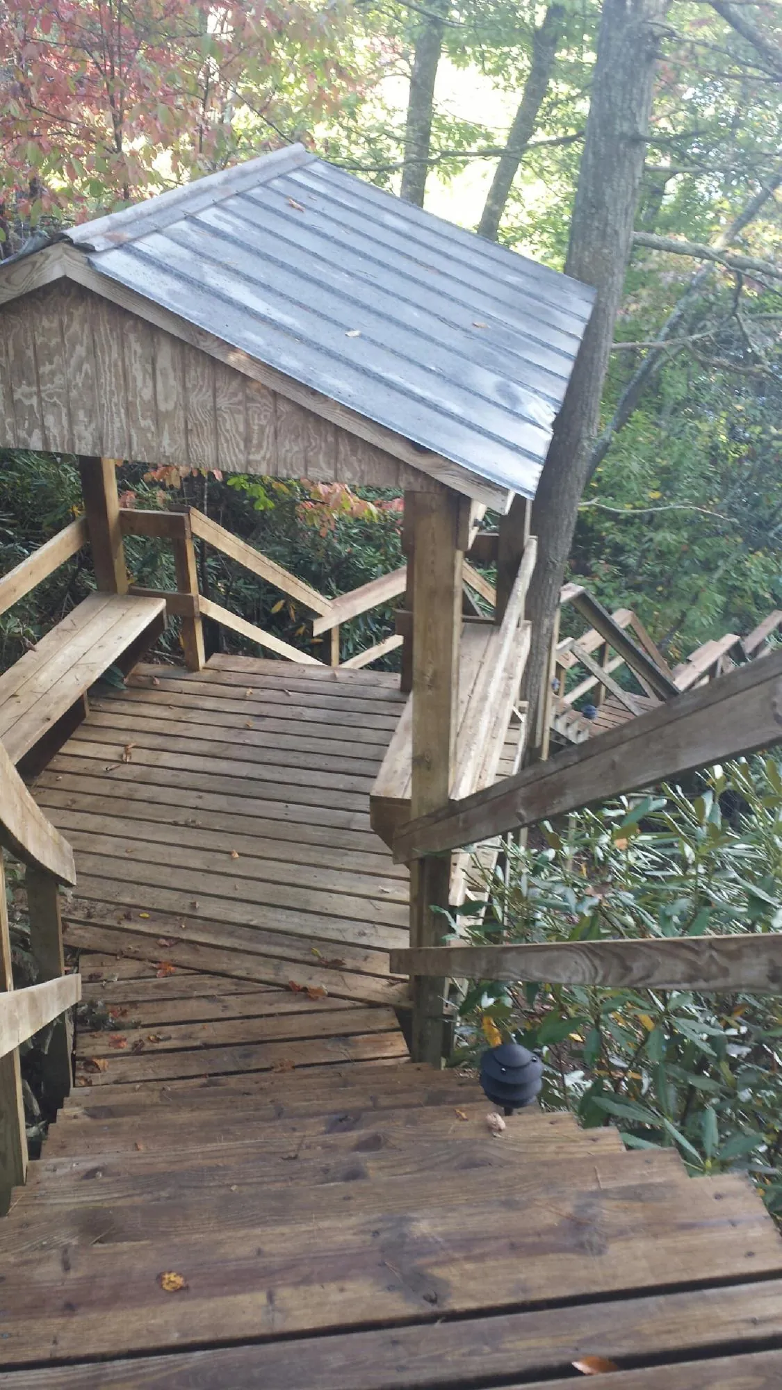 Metal roofed shelter over wooden steps on a wooded walkway — Skylight Repair & Installation work by our crew in Ronda
